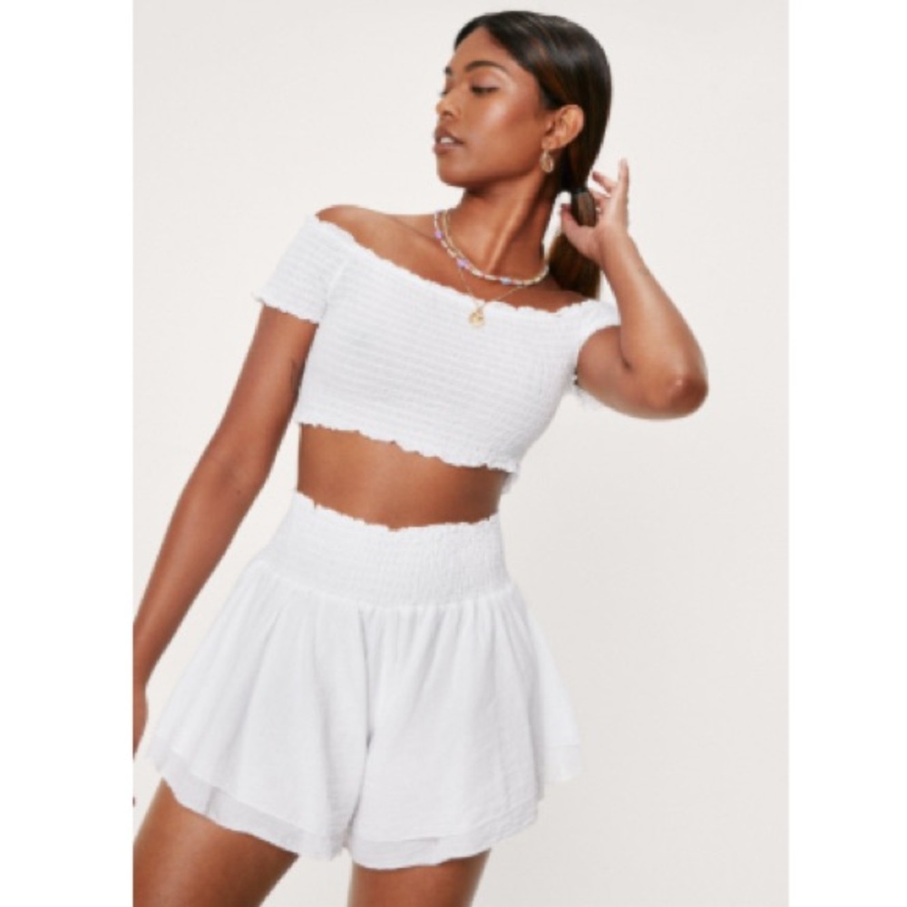 Nasty Gal White cotton Textured crop Top off the shoulder